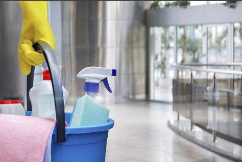 a person holding a bucket full of cleaning supplies